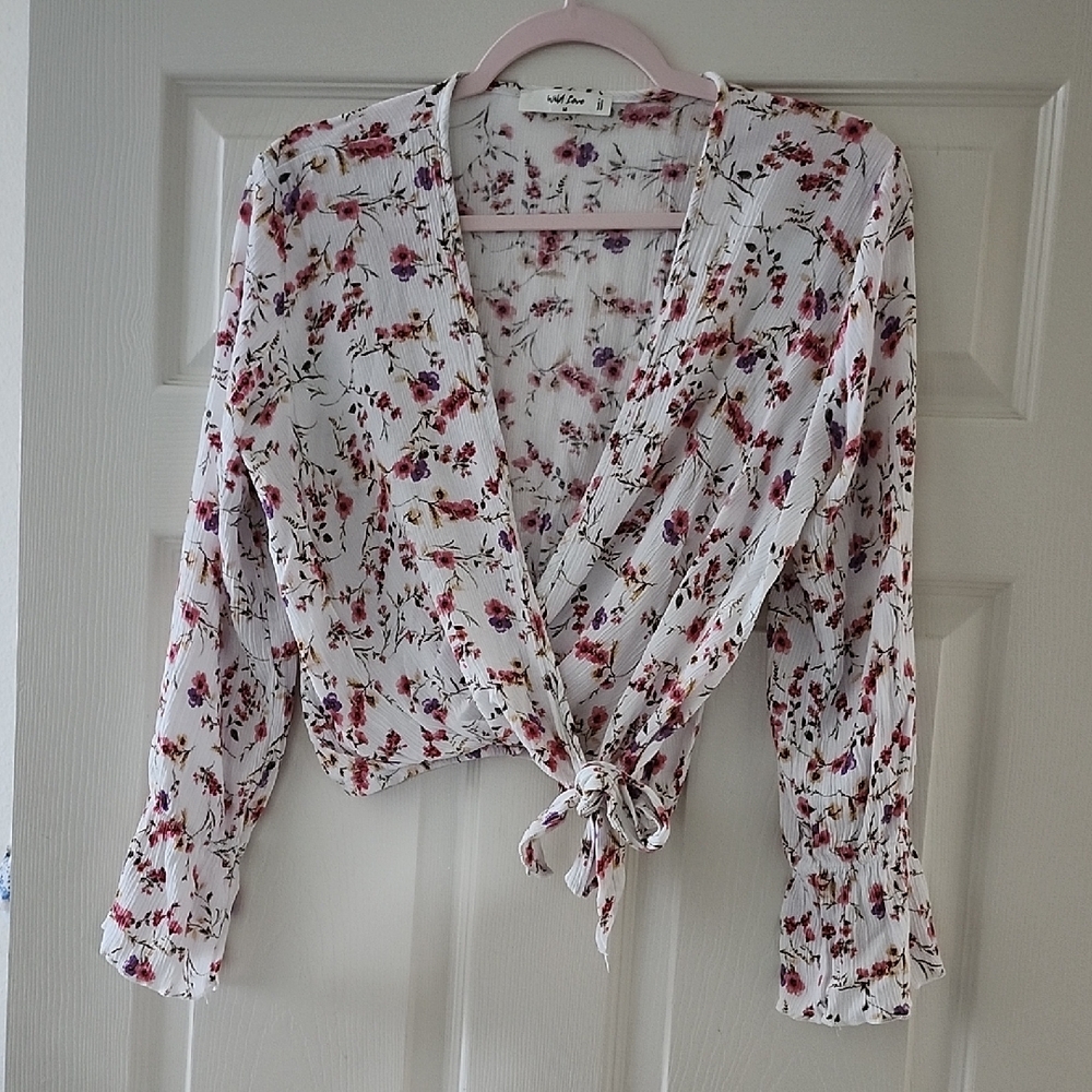Tie-Front Floral V-Neck Blouse - White with Pink Floral